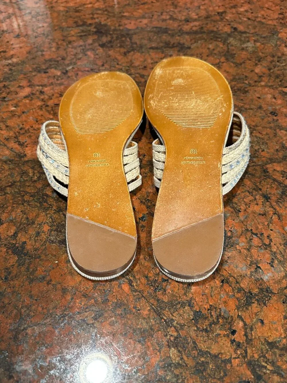 Talbots Beige Linen-look Thong Sandals with Rhinestone Accents, 8.5 M
